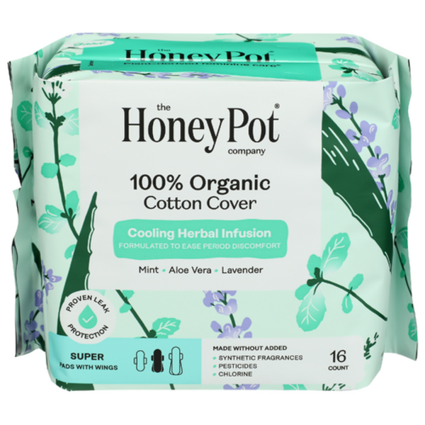 The Honey Pot Company Organic Cotton Cover Super Herbal-Infused Pads With Wings
