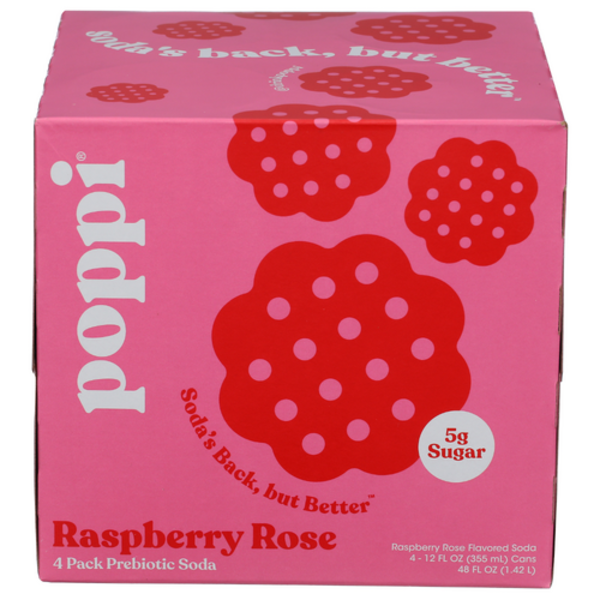 Poppi Raspberry Rose Prebiotic Soda 4 Pack Case