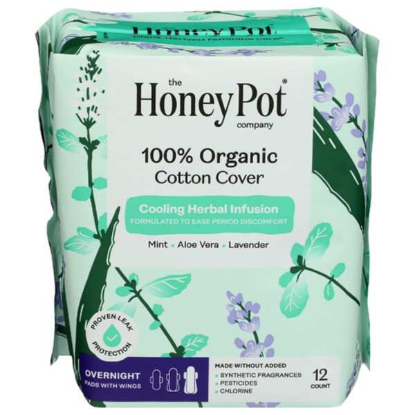The Honey Pot Company Organic Cotton Cover Overnight Herbal-Infused Pads With Wings