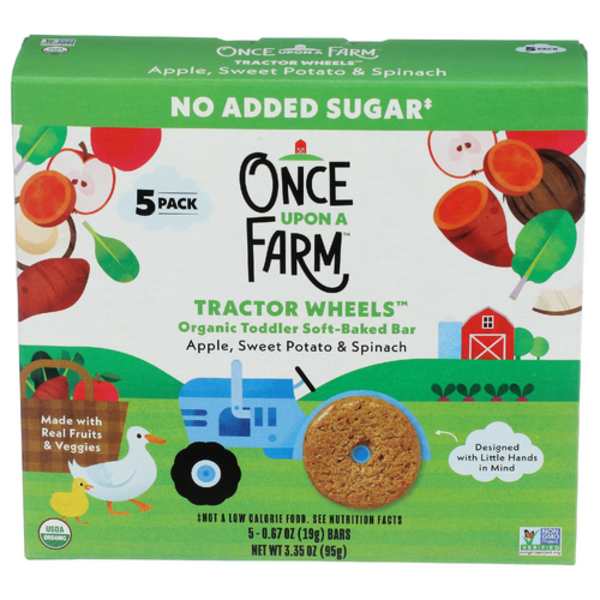 Once Upon A Farm Organic Apple, Sweet Potato & Spinach Tractor Wheels Toddler Soft Baked Bar 5 Pack